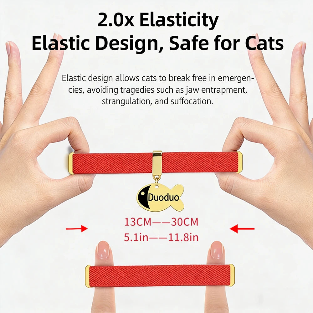 Free Customized Cat Collar Cute Fish Metal Necklace Pet ID Name Tag Personalized GPS Tracker Kitten Dog Breakaway Elastic Collar