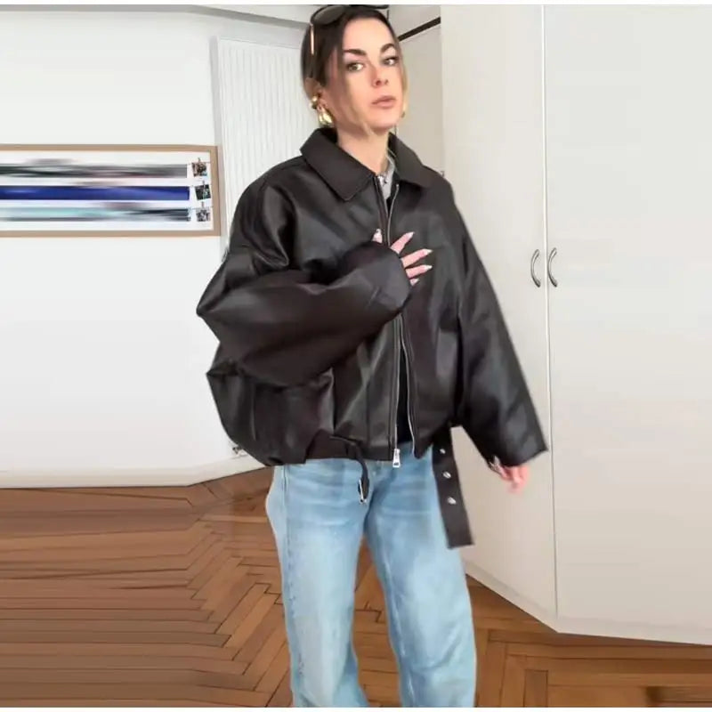 Vintage Leather Bomber Jacket – Women's PU Leather Zip Jacket With Belt & Patchwork Design