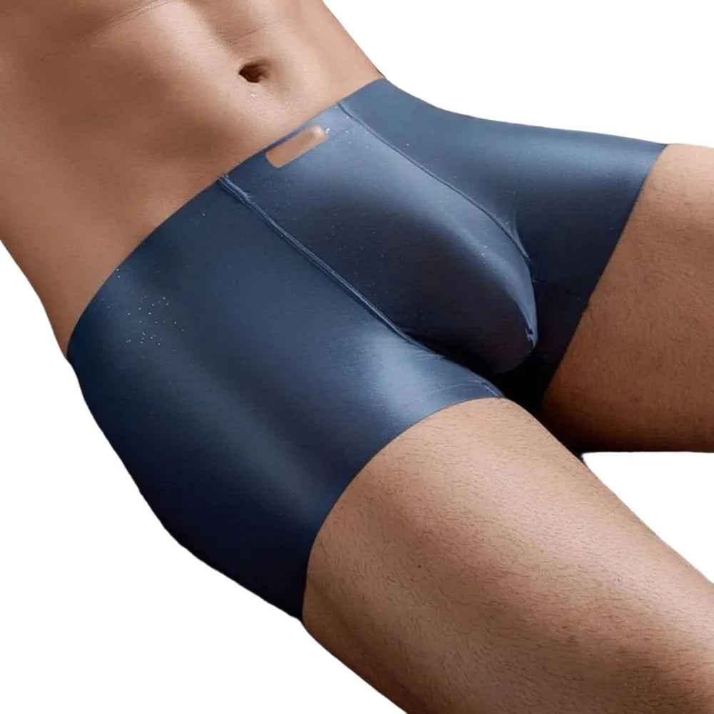 1pc Men Satin Trunks Seamless Shiny Boxer Shorts Ice Silk Middle Waist Panties Solid U Convex Bulge Pouch Underwear Breathable