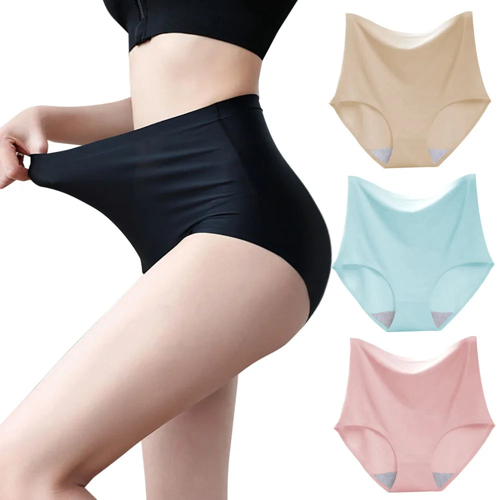 Women's underwear ice silk High waist Seamless Panties soft Lingerie Slimming Abdomen In Hip Lift plus size Breathable Briefs
