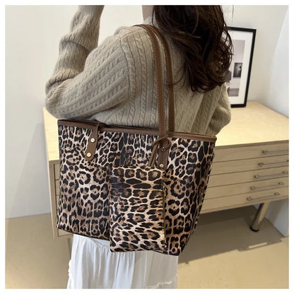 Leopard Print Tote Bag - Women's PU Leather Large Capacity Casual Travel Purse