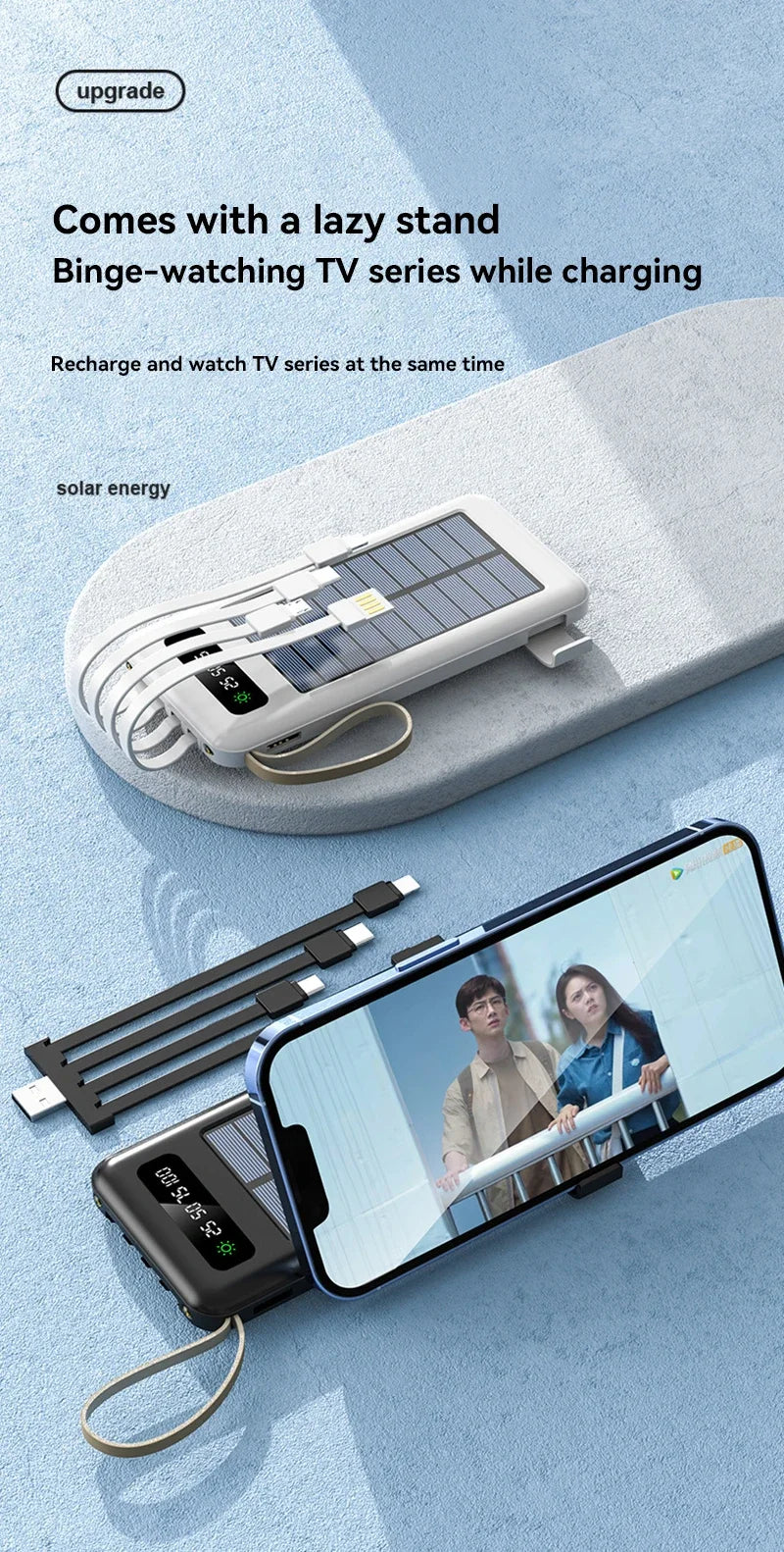 Lenovo Solar Power Bank 50000mAh Large Capacity Mobile Power Fast Charging Battery Dual USB 4 Cables For iPhone Samsung