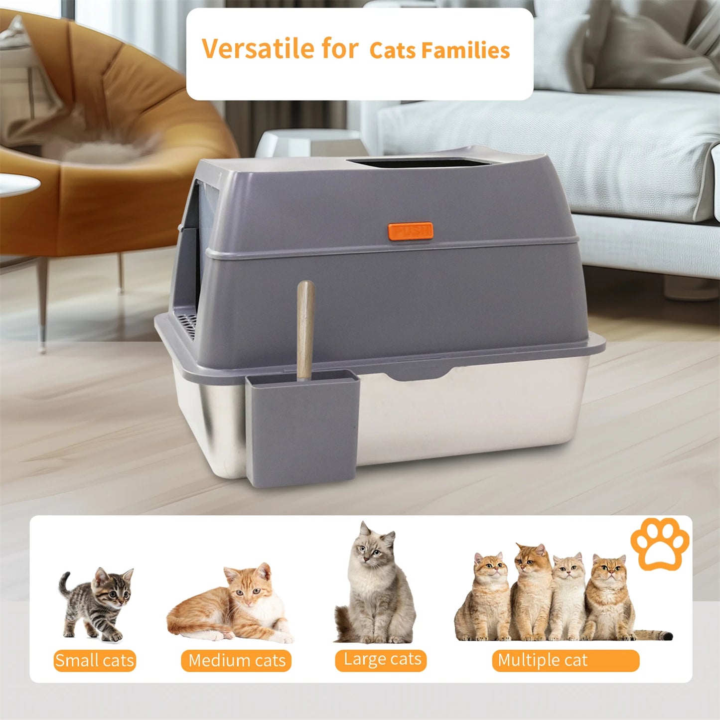 Extra Large Stainless Steel Cat Litter Box with Lid - High Wall Metal Tray for Big Cats - ZOOMNSTORE