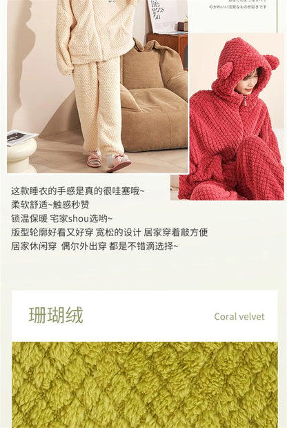 Autumn Winter Women's Sleepwear Flannel Pajamas Set Thick Fleece Nightwear Sets Warm Home Suits Hoodie Plus Pants