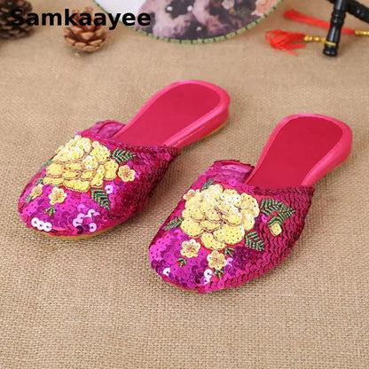 36-40 Women Slippers Sequin Embroider Shoes Summer Silk Fabric Flats Flower Closed Toe Soft Sole Non-slip Chinese Style Footwear