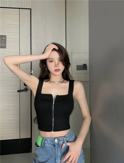 2025 Y2K Top Women Zipper Fly Camisoles Knitted Sexy Summer Tank Tops Sleeveless Female Solid Crop Top