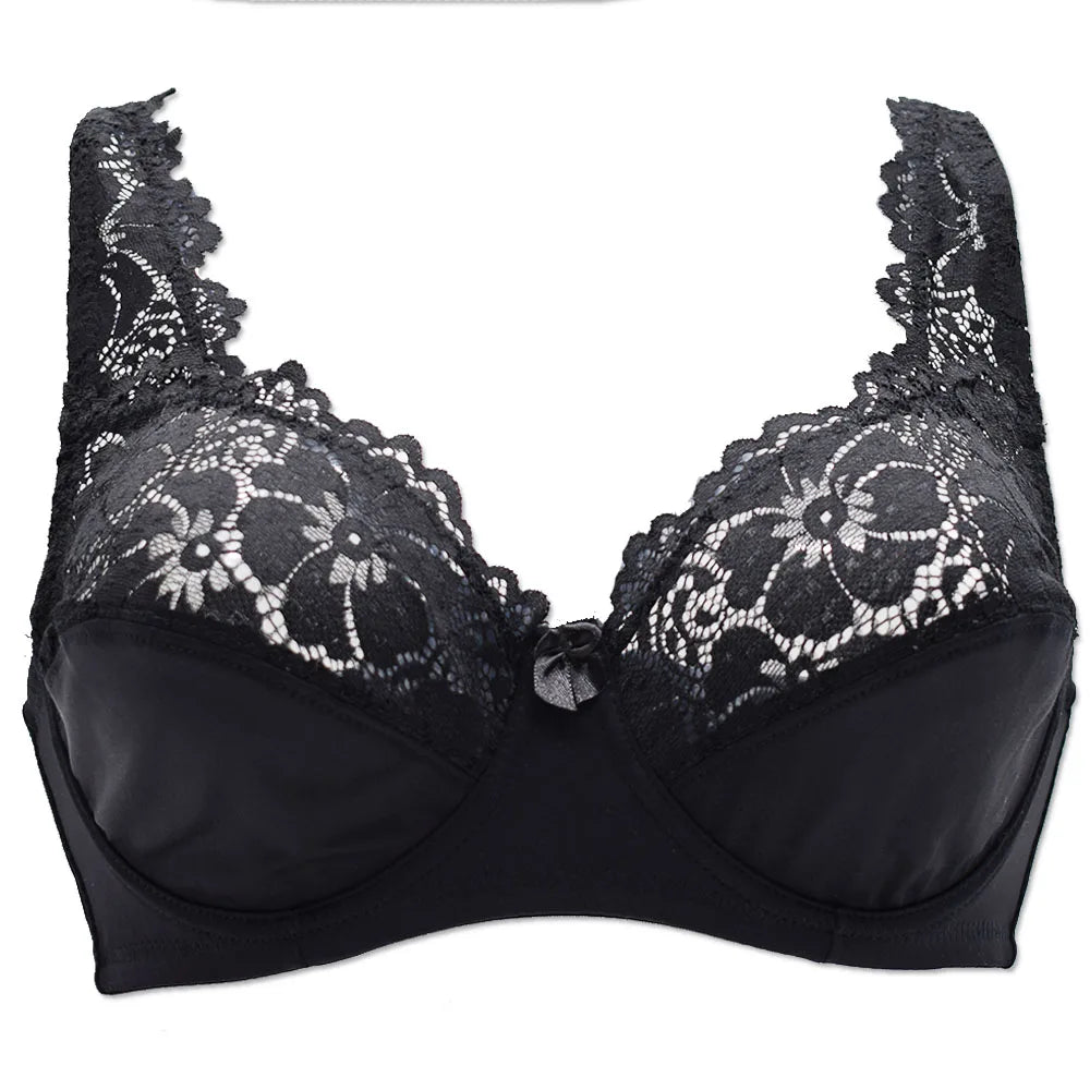 Plus Size Lace Bra - Embroidered Floral Lace Lingerie With Underwire Support