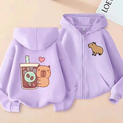 Kawaii Capybara Zip Up Hoodie - Childrens Manga Sweatshirt for Kids - ZOOMNSTORE