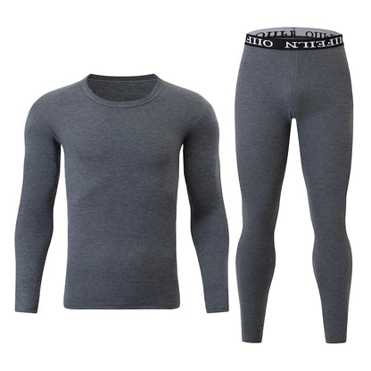 Men's Autumn/Winter Warm Underwear Set Solid Color Multi Color Round Neck Long Sleeve Top Letter Elastic Waist Casual Pants
