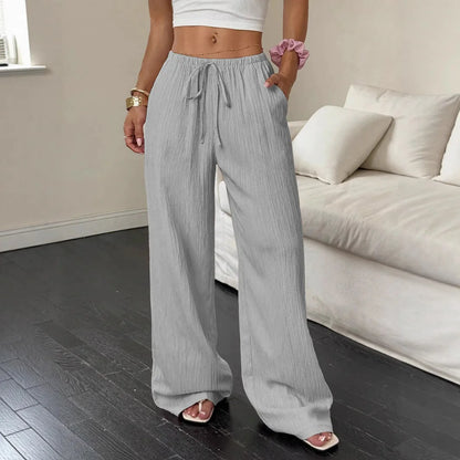 Women's Wide-Leg Cotton-Linen Blend Casual Floor-Length Pants Relaxed-Fit Drawstring Trousers for Home & Strolls