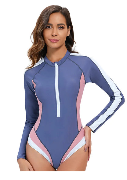 Women Long Sleeve Bathing Suit Wetsuit One-Piece Swimsuit Half-Zip Design Slim Fit Beach Surfing Swimwear Multiple Colors