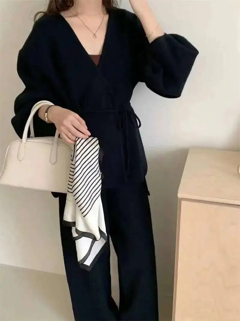 [EWQ] Fashion V-neck Long Sleeve Lace Up Sweater And High Waist Trousers Casual Women Knit Set Clothing 2025 Autumn New 16O1719