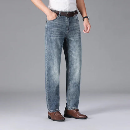 2026 Summer High Quality Brand Cloth Business Casual Men's Lightweight Straight Loose Jeans Classic Retro thin cotton trousers