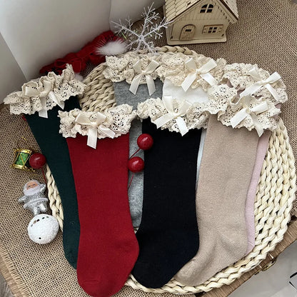 New Winter Autumn Baby Girls Knee High Socks Lace  Ruffle Long Sock Cotton Kids Toddlers Princess Christma Socken For 0-5Years
