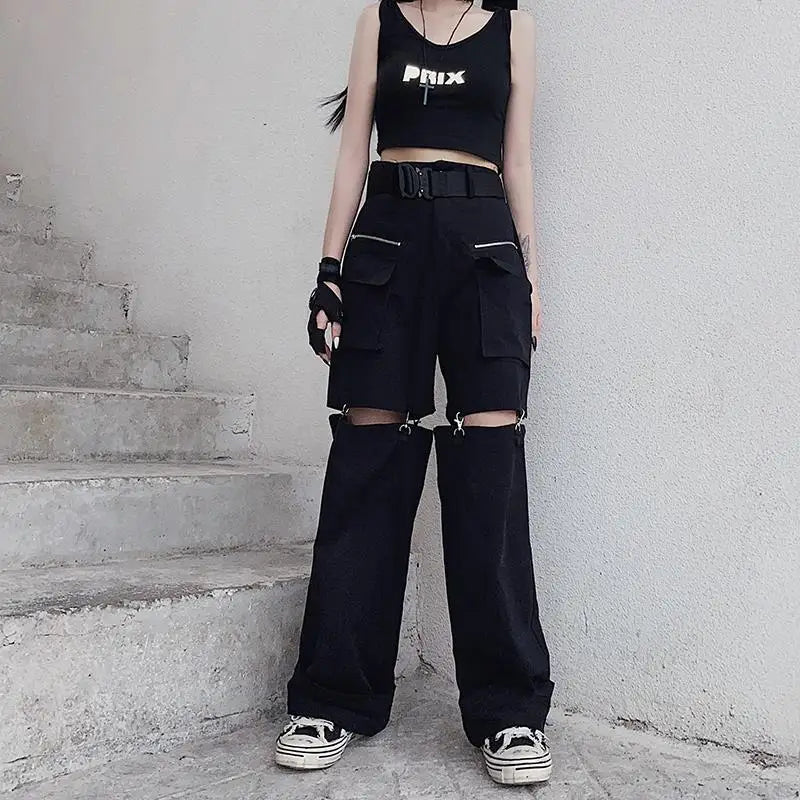 New 2025 Streetwear Black Pants for Women Fashion High Waist Detachable Streetweart Cargo Pants Woman