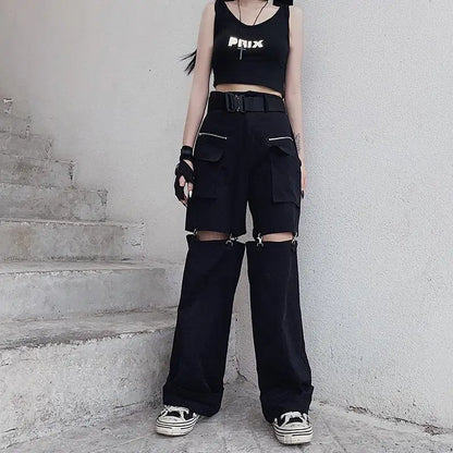 New 2025 Streetwear Black Pants for Women Fashion High Waist Detachable Streetweart Cargo Pants Woman