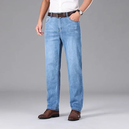 2026 Summer Brand Clothing Men's Straight Loose Lightweight Jeans Classic Badge Business Casual Thin Cotton Stretch Pants