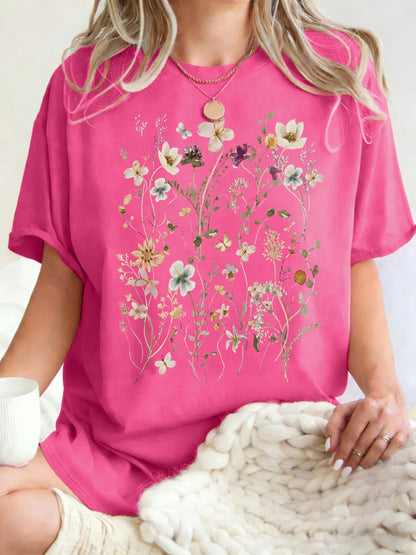 Beautiful Flower Clusters Printing Woman T-Shirt Summer Oversized Short Sleeve O-Neck Cotton T Shirts Y2K Women Sports Tops