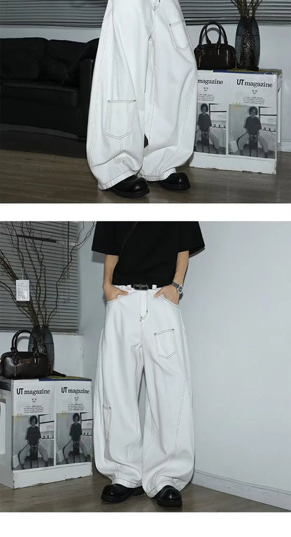 Y2K Men's Jeans White High-Waisted Wide-Leg Denim Pants Retro Baggy Style Fashion Loose Fit Casual Denim Trousers Streetwear