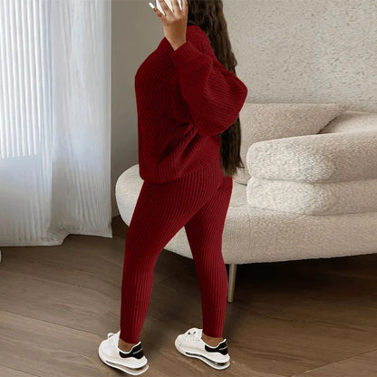 Knitted Sweater Two Piece Set For Women Autumn Winter Long Sleeve O Neck Sweater + Skinny Pants Sets Casual Knit Outfit Homewear