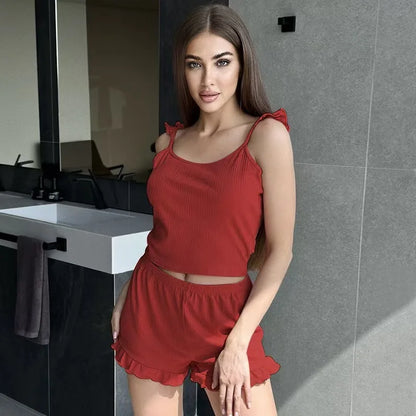 Womens Ribbed Pajama Set Ruffle Strap Cami Top and Shorts Two Piece Sleepwear Cute Summer Loungewear Lettuce Trim Sexy Outfit