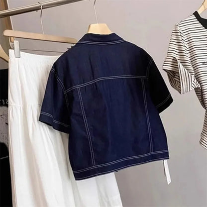 Deep Blue Retro Short Denim Shirts 2026 New Spring Summer Short Sleeved Loose Jeans Jacket Women Korean Versatile Outwear Tops