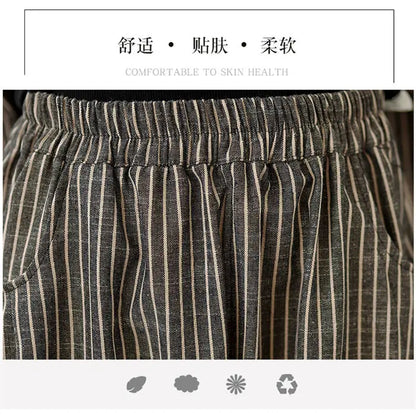Retro Stripe Cotton And Linen Suit 2024 Women's Autumn Temperament Casual Wide Leg Harem Pants Loose Oversized 2 Piece Set K2478
