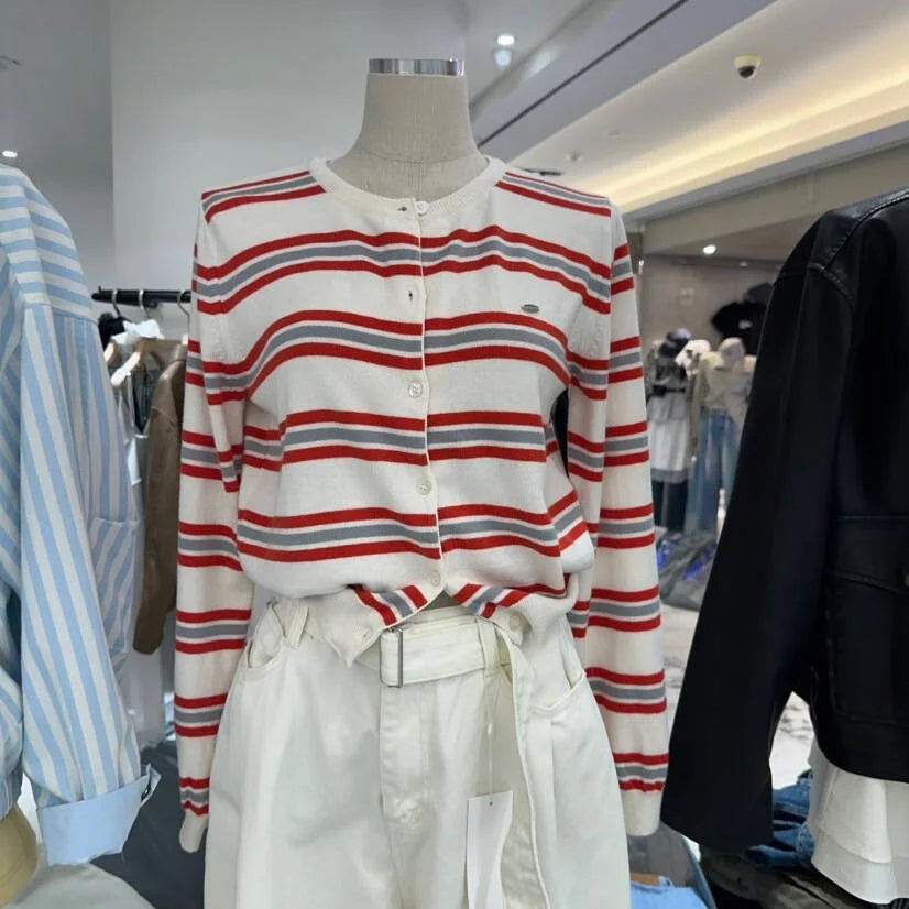 Spring New Classic Striped round Neck Button up Soft Knitted Open Cardigan Fashionable Design Sensation Women's Sweater