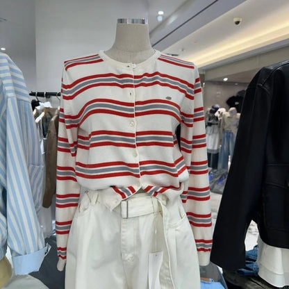 Spring New Classic Striped round Neck Button up Soft Knitted Open Cardigan Fashionable Design Sensation Women's Sweater