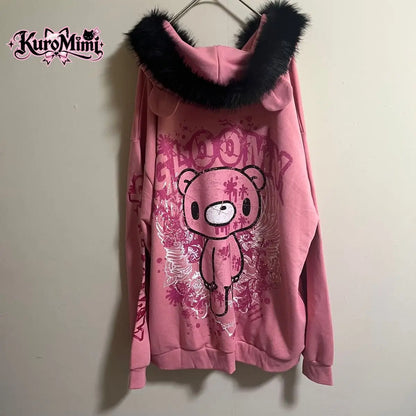 Gothic Kawaii Jirai Kei Women Distressed Gloomy Bear Print Pink Furry Trim Bear Ear Oversized Zip Hoodie Harajuku Casual Outfit