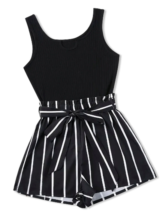 Women's Ribbed Crop Sleeveless Tank Top & Striped Print Belted Bag Waist Shorts SetFitted Comfort Scoop Neck Crop Tank & Shorts