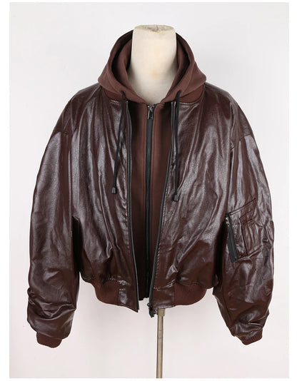 Mauroicardi Autumn Winter Oversized Cool Black Thickened Warm Pu Leather Jacket Men Hood Luxury Designer Fake 2 Clothes