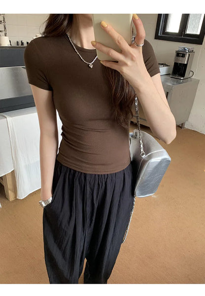Basic Solid Crop Top Short Sleeve Crewneck Skinny T-shirt Summer Casual Tee for Women Y2K Vintage Top Harajuku Streetwear