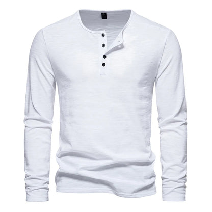 Men Long Sleeved T-shirt Cotton Slim Fit Bottoming Shirt Fitness Tops Tees Button Neck Casual Cozy Tshirt
