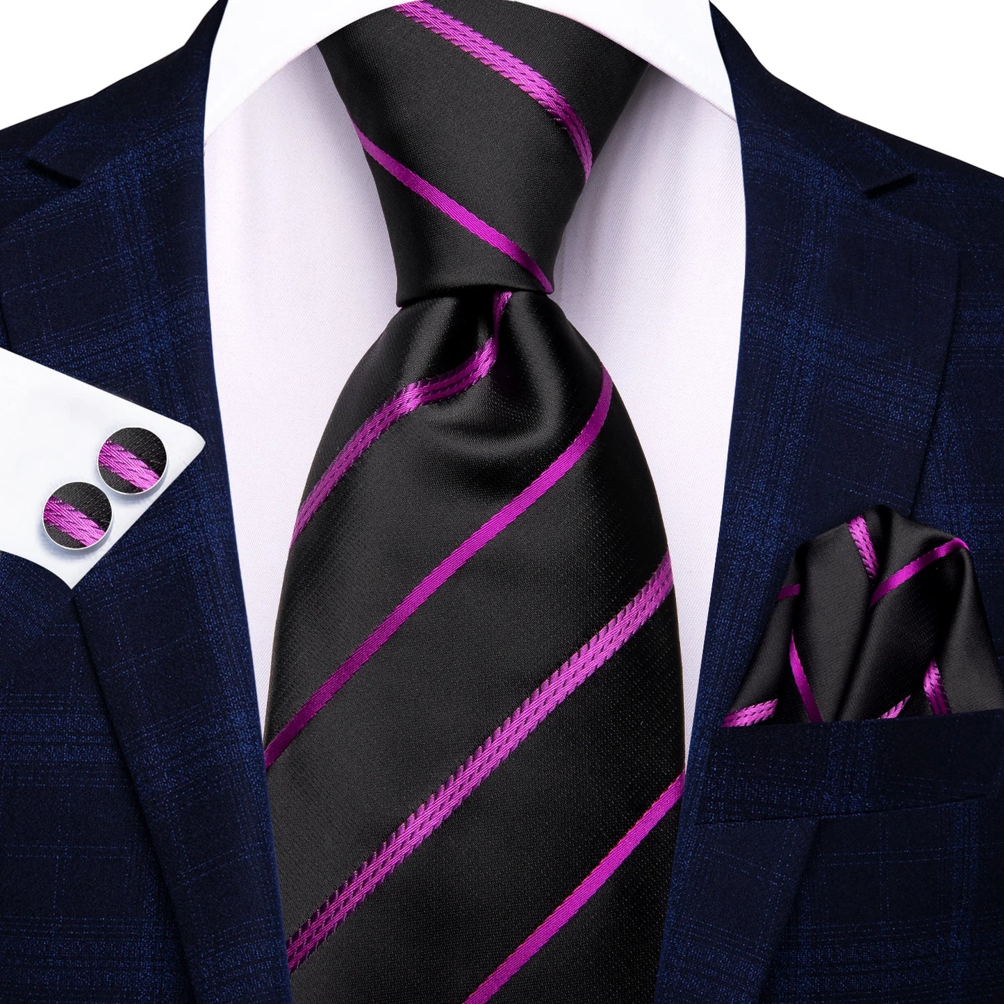 Black Floral Silk Wedding Tie Set - Elegant Necktie with Handkerchief  Cufflinks for Men