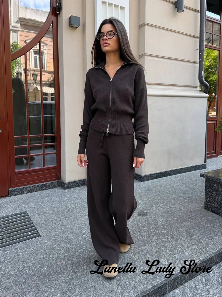 Solid Color Zipper Waist Cinching Casual Set Knitted Top Drawstring Straight Leg Pants 2-piece Sets 2026 Autumn Lady Daily Wear