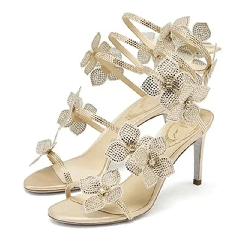 Eilyken Sexy CRYSTAL Flower Thin High Heels Women Sandals Street Style Narrow Band Ankle Strap Pole Dancing Ladies Shoes