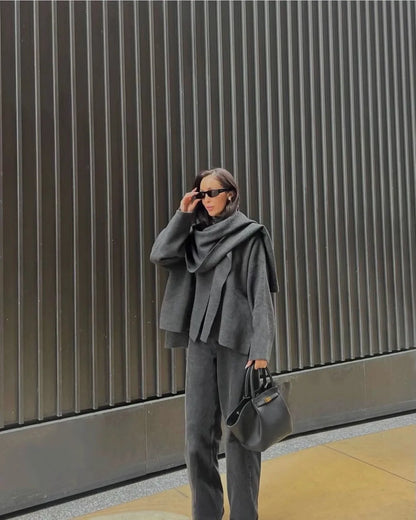 Knitted Coat Women – Warm Autumn Coat Female With Scarf Collar & Button Closure