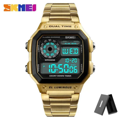 Digital Sport Watch - Men's Waterproof Stainless Steel Band Retro Chronograph Wristwatch