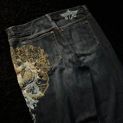 Y2K New Retro Centipede Embroidery Pattern Washed Oversized Wide-Leg Pants Street Gothic Harajuku Floor Pants For Men and Women