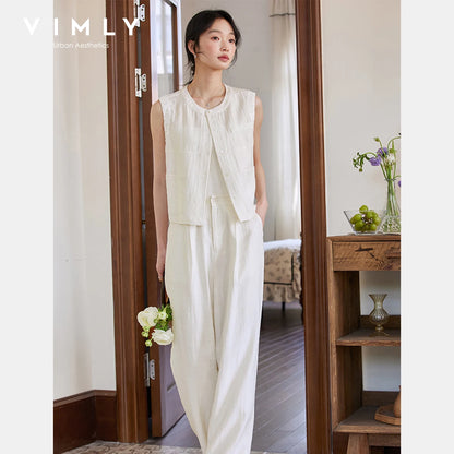 VIMLY Linen Blend Pant Set Two Piece Old Money Style Woman Summer Outfits 2026 Sleeveless Vest Wide Legs Pants Lady Suit A0820