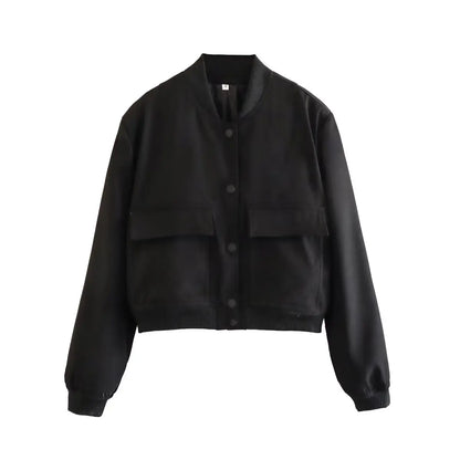 Women Bomber Jacket - Solid V Neck Single Breasted Polyester Coat With Pockets