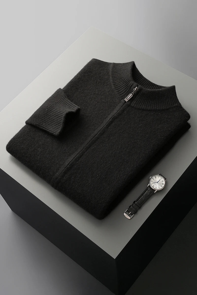 100% Merino Wool Men's Warm Sweater Mock Collar Thickened Zippered Cardigan Autumn Winter New Cashmere Knitted Long Sleeve Tops