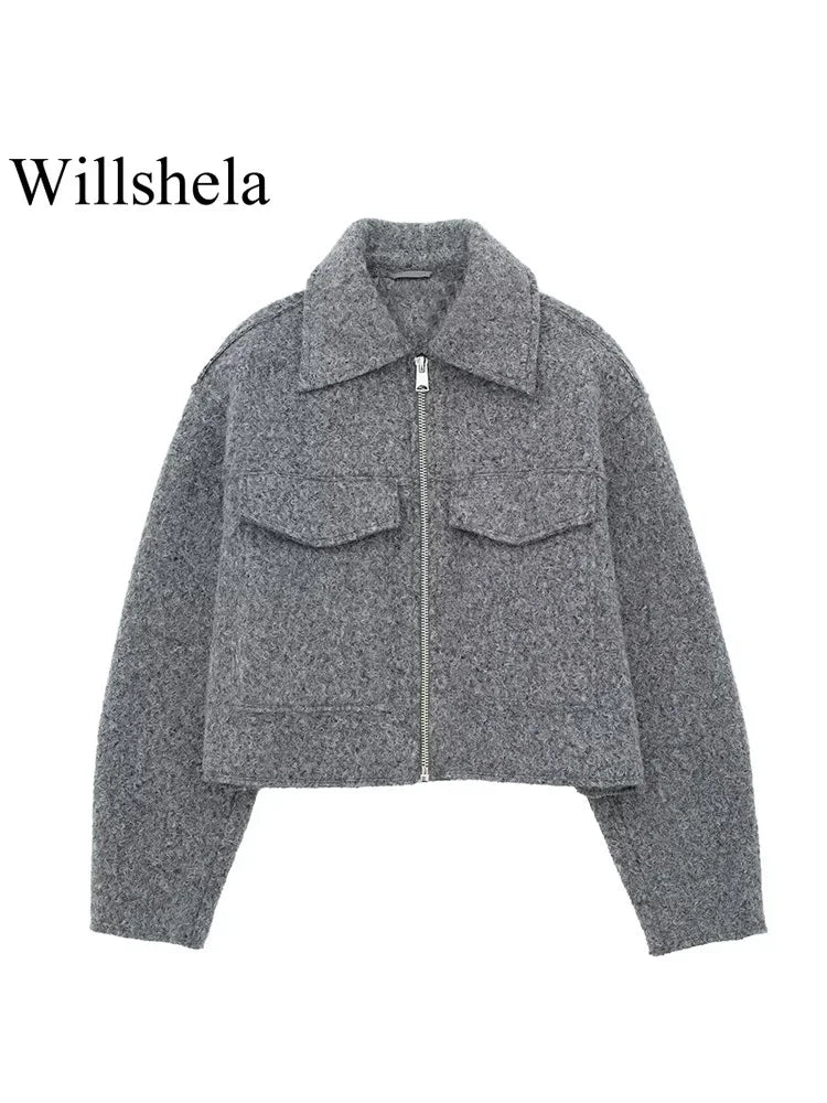 Women Zipper Jacket - Grey Vintage Lapel With Pockets | Casual Long Sleeve Outerwear