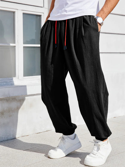 Men's Harem Pants Loose Fit Chinese Style Cotton Linen Solid Color Cozy Sweatpants Joggers High Quality Male Casual Trousers