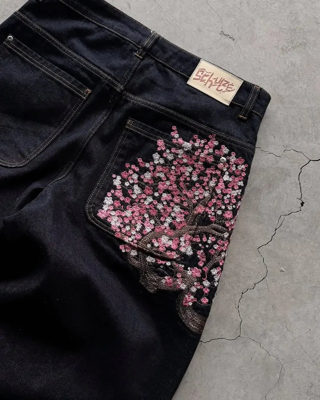 Sakura embroidered jeans Personalized street fashion wide legs wide legs multifunctional washing spread couple hip hop pants