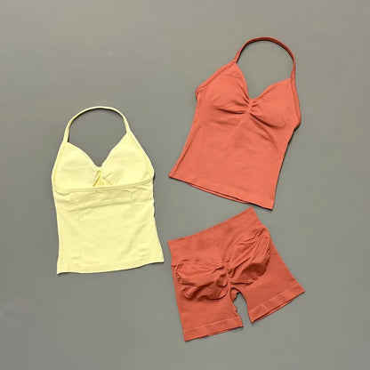 2Pcs HISTELLO Yoga Set Women Halter Tank Top Scrunch Butt Lifting Shorts Ruched Anti Chafe Quick Dry Gym Workout Sports Set