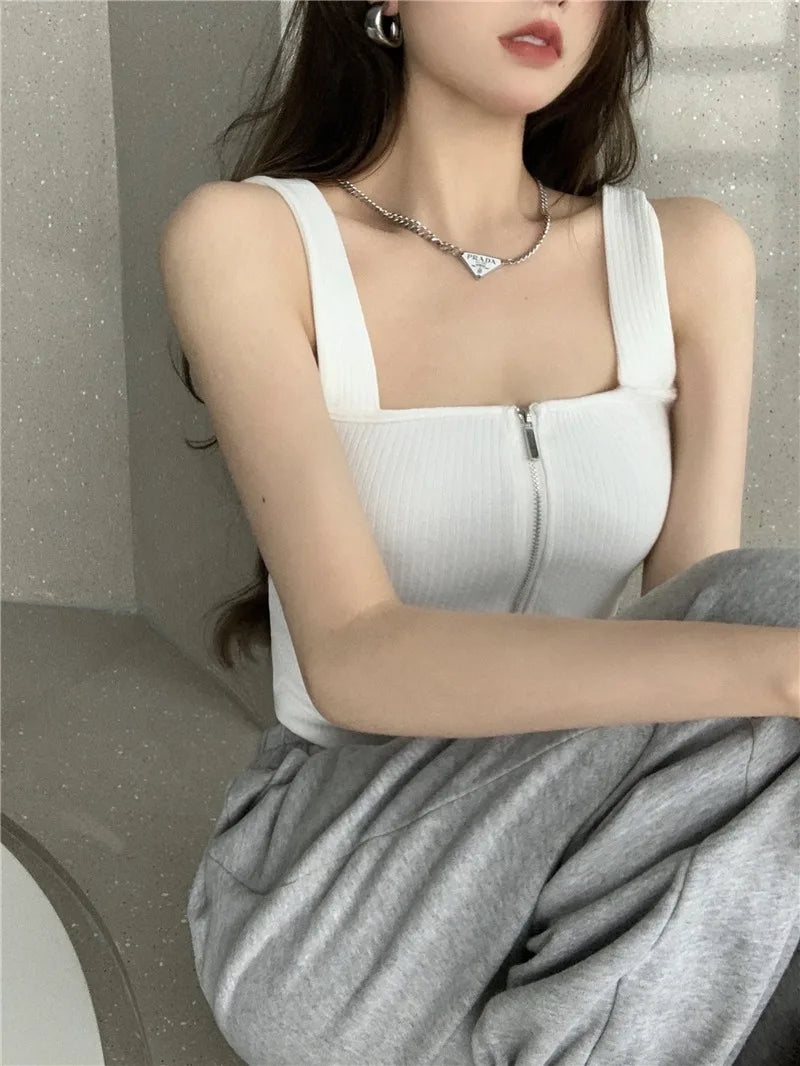 2025 Y2K Top Women Zipper Fly Camisoles Knitted Sexy Summer Tank Tops Sleeveless Female Solid Crop Top