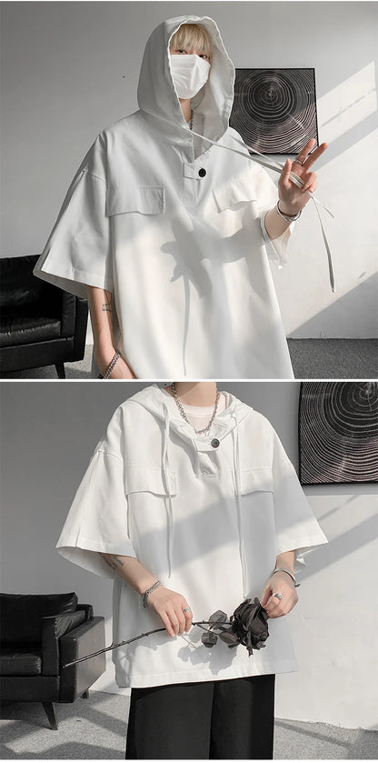5 Colors Summer Hooded T shirt Men Korean Half Sleeve Pullover Streetwear Loose T-shirt Tops Drawstring Men Clothing