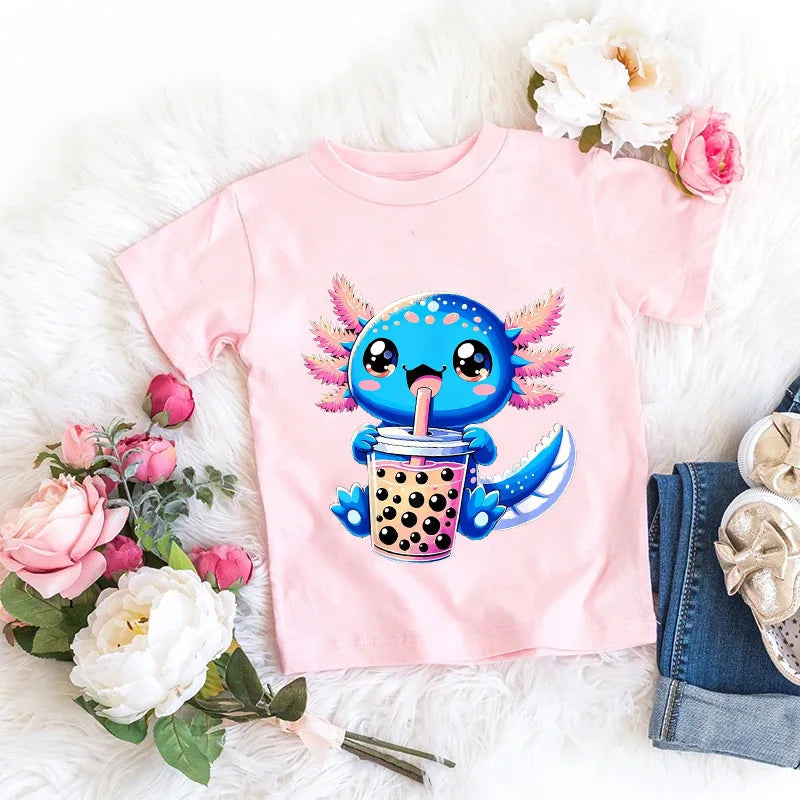 Axolotl Kawaii T Shirt Kid Summer Fashion T Shirt Children Streetwear Boba Axolotl Anime Casual Child Clothing Bithday Tshirts